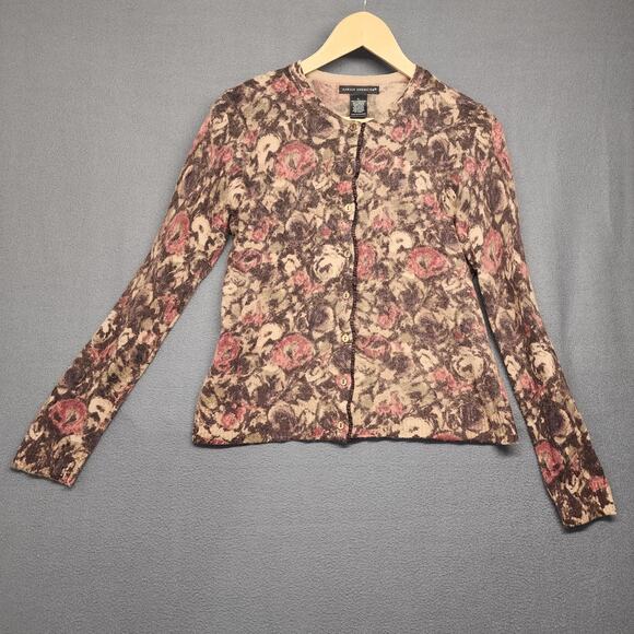 Sarah Spencer Sweater Womens Large Brown Pink Floral Angora Wool Cardigan Roses - Picture 1 of 14